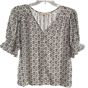 LOFT Floral white and black puff sleeves V-neck Blouse size S